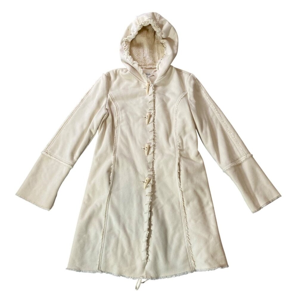 Coldwater Creek Faux Suede & Sherpa Coat Hood Toggle Closure Cream Medium